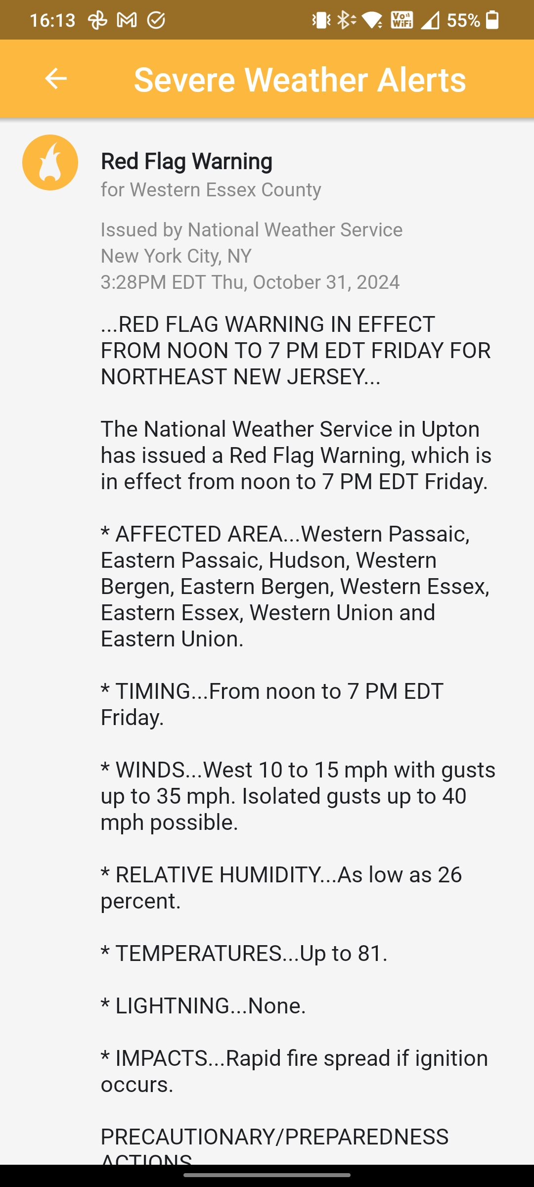 A screenshot of a"red flag" fire weather warning from the Weather Underground Android app.